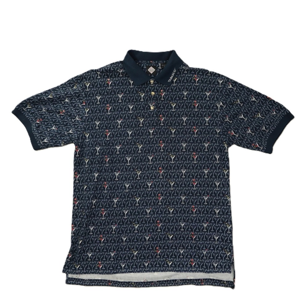Tabasco Polo Shirt Men's XL Navy Blue Martini Print Short Sleeve Golf Preppy